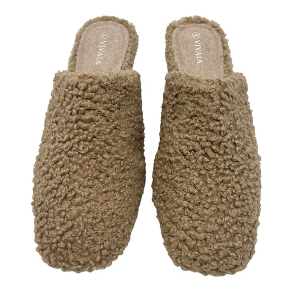 Vivaia Margot Square Toe Tan Sherpa Wedge Mules Women’s 38/7.5 - Picture 7 of 15